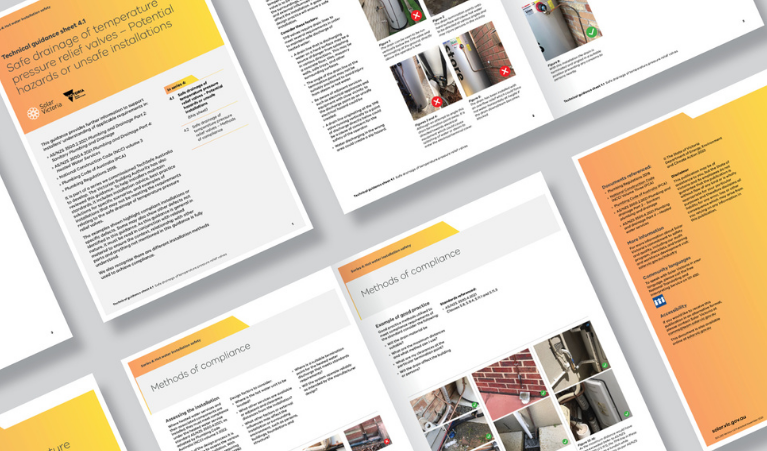 Collection of hot water installation guidance documents and technical resources displayed in a digital layout, highlighting heat pump and hot water system installation standards, compliance requirements and best-practice guidance for plumbing and energy industry professionals.